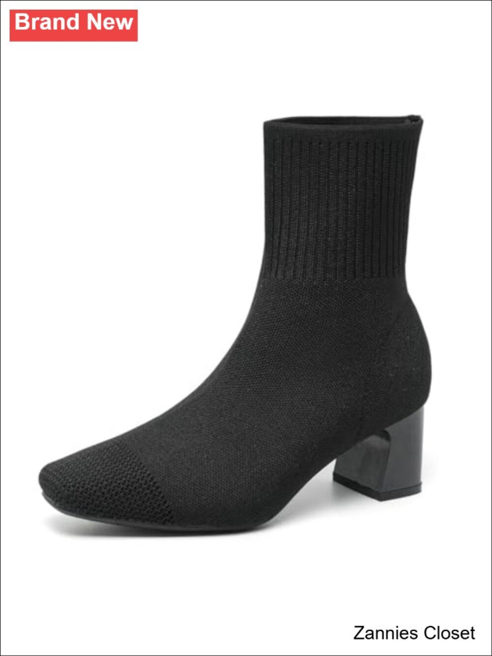 ✨ Knit Ankle Boots Square Toe Chunky Heel Slip On Booties
